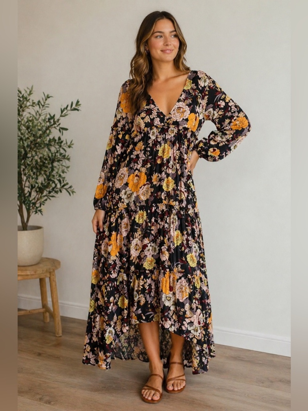 Who What Wear Floral Maxi Dress Medium Black Boho Tiered Long Sleeve Cottagecore